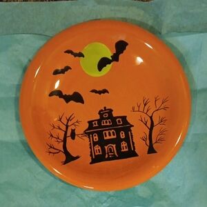Halloween Orange Plate with Haunted House Design